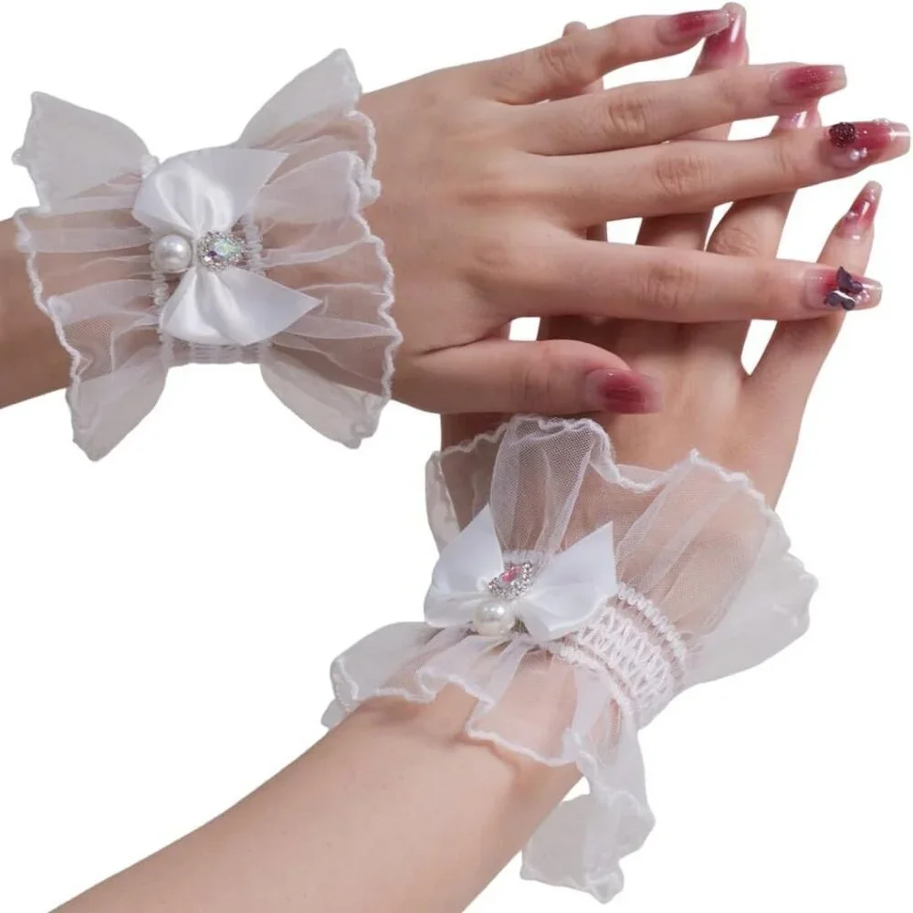 Women's Hand Sleeve White Rhinestone Cuff Bow Pearl Lace Gloves Wedding Cosplay